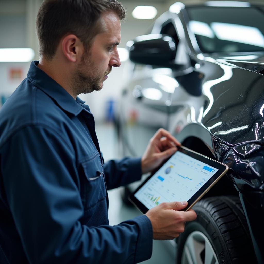 Assessing car damage at a Widnes body shop