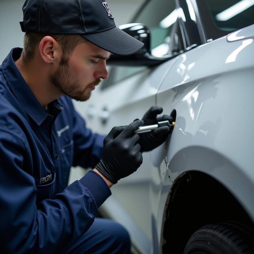 Close up of a car dent being repaired in a Cirencester auto body shop