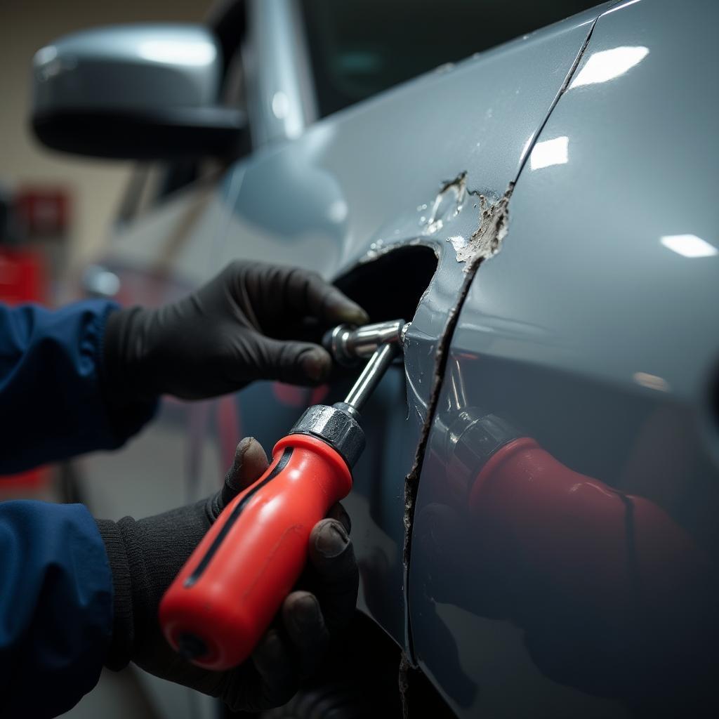 Close-up of a car dent being repaired