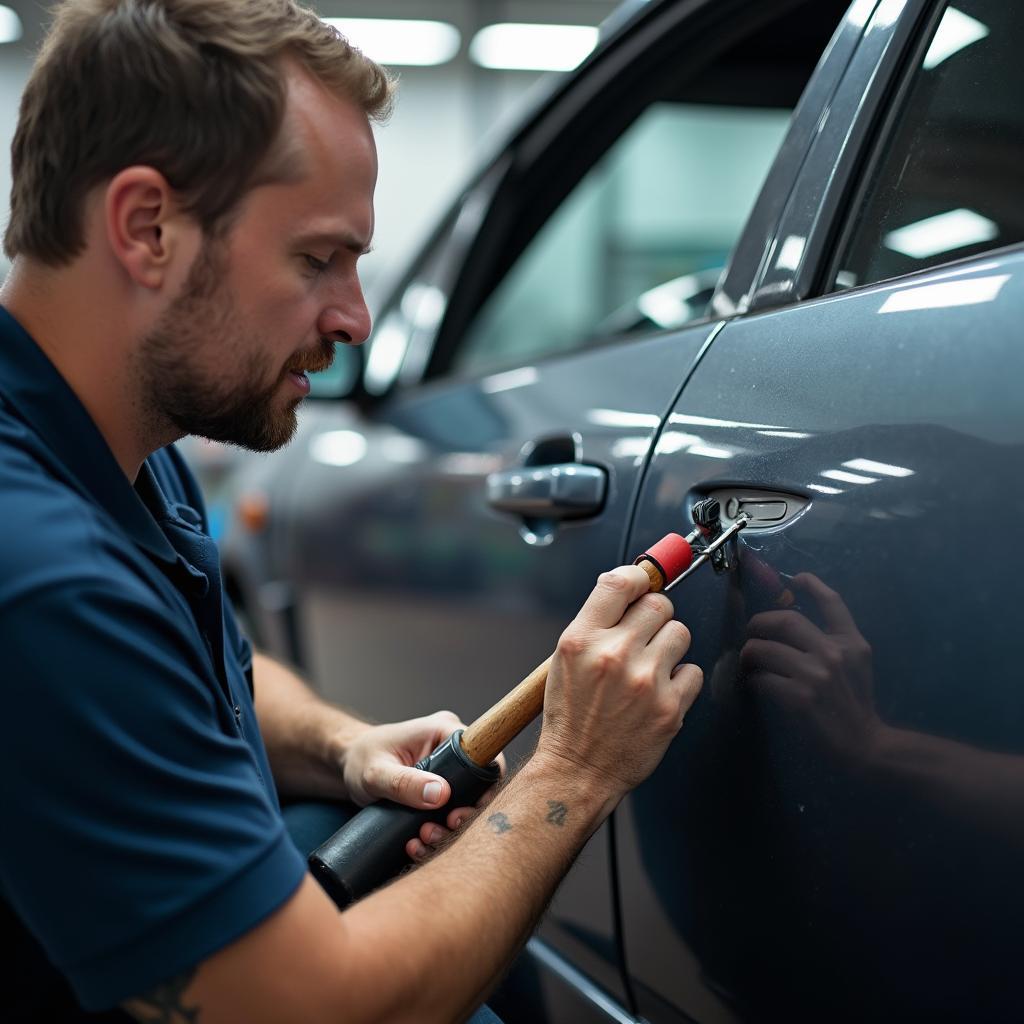 Close-up of a car dent being repaired in a Gainsborough shop