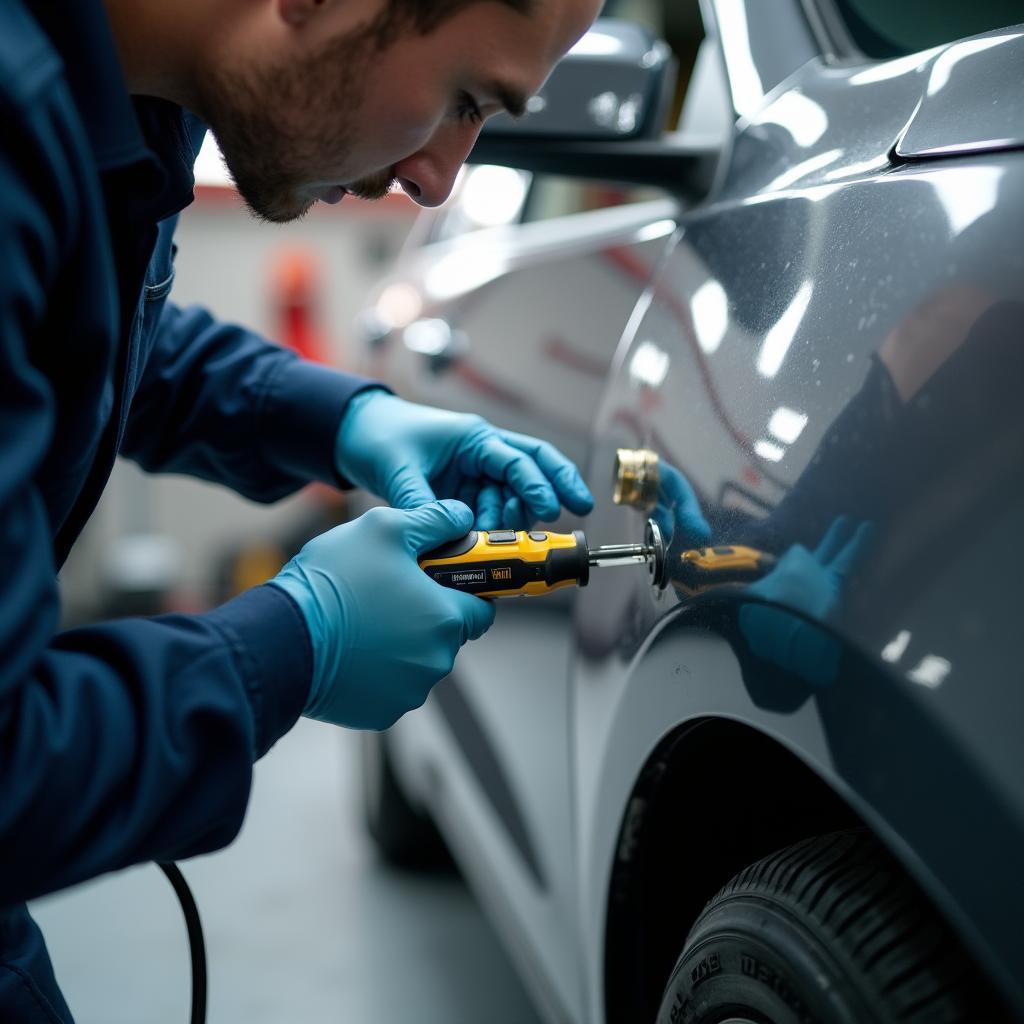 Close up of a car dent being repaired in Lanarkshire