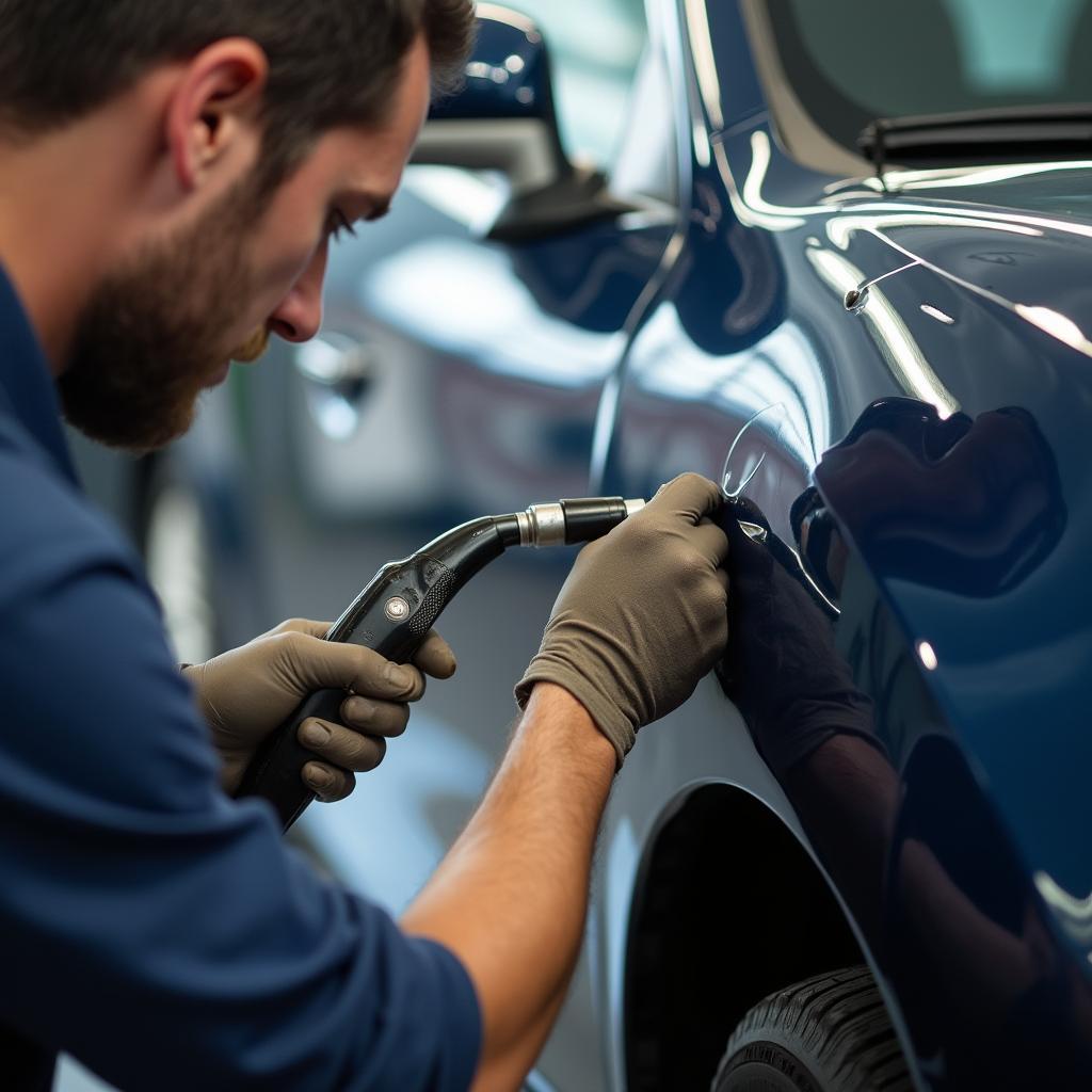 Close-up of a dent being repaired on a car in Luton