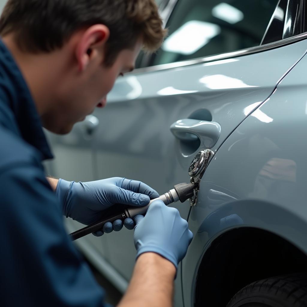 Close-up of a dent being repaired on a car in Northampton