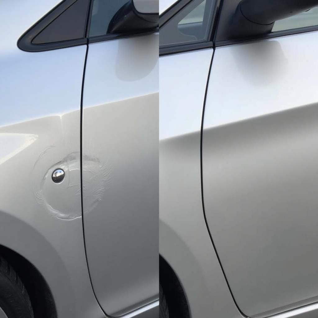 Before and after images of a dent repair on a car door in Preston