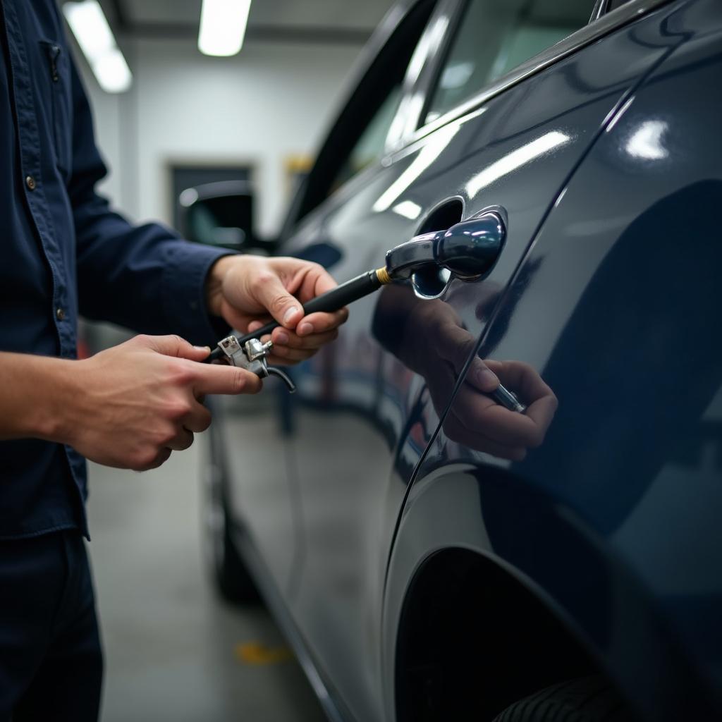 Detailed view of a car dent repair in progress at a shop on Aqueduct Street