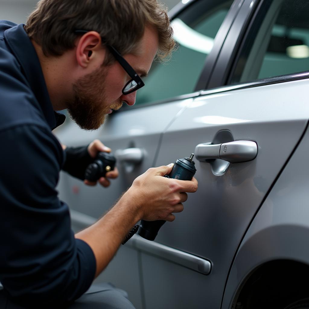 Close-up of a car dent being repaired