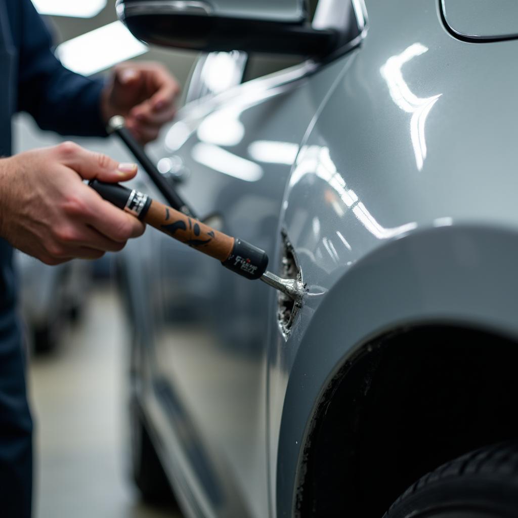 A car dent being repaired using specialized tools in Weston-super-Mare