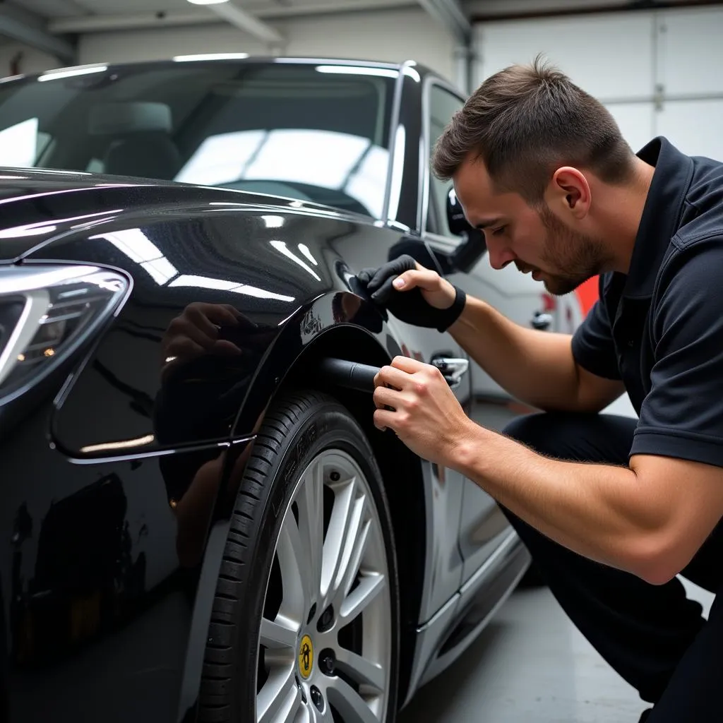 Professional car detailing service in progress