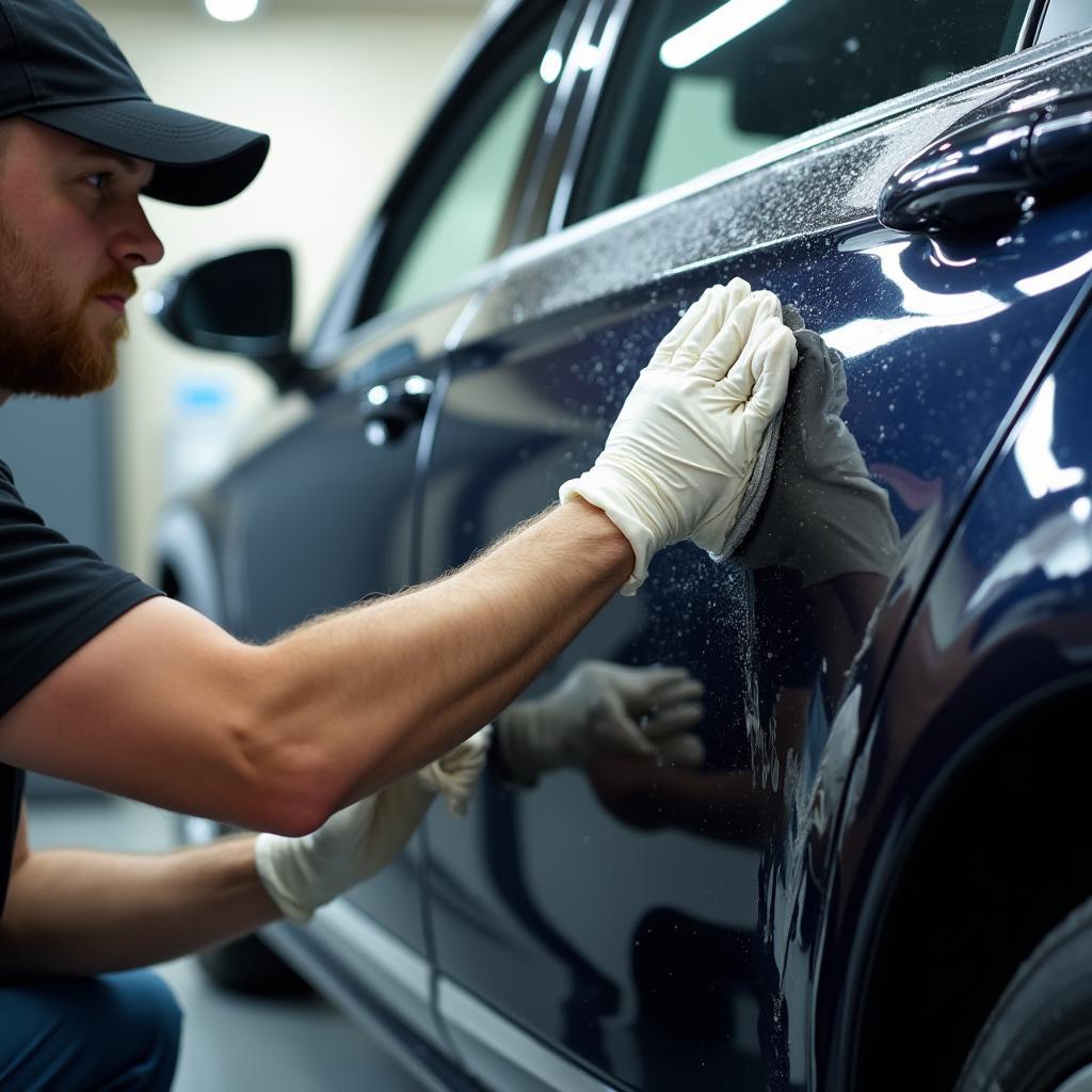  A car undergoing a professional detailing service, including washing, waxing, and polishing