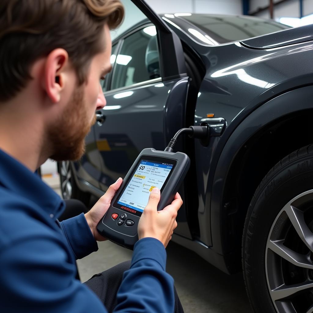 Car diagnostic equipment being used in a Gaerwen garage