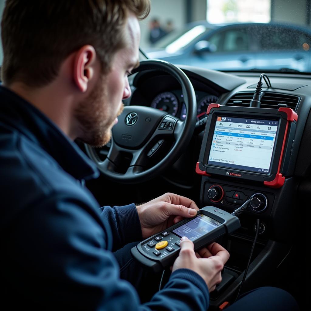 Modern car diagnostic equipment in use at a Lisburn garage