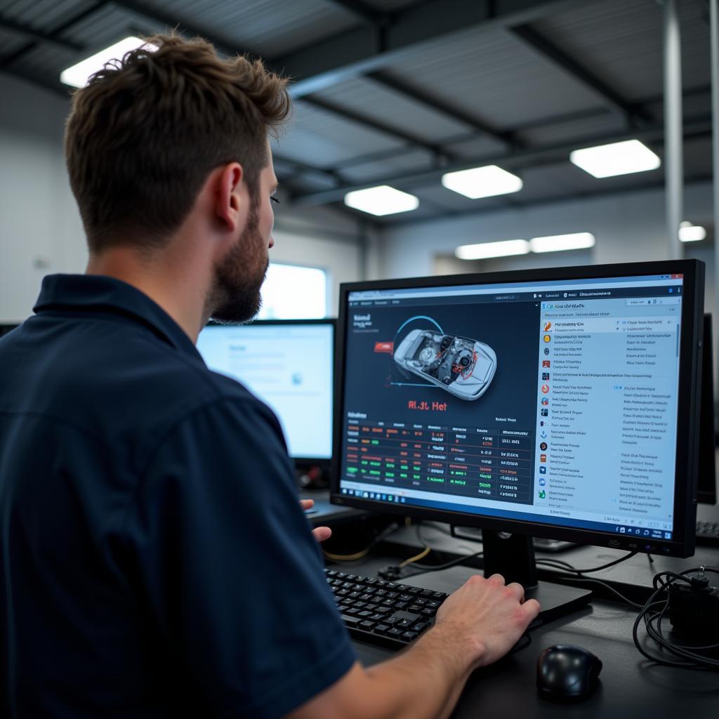 A technician analyzing a car diagnostic report