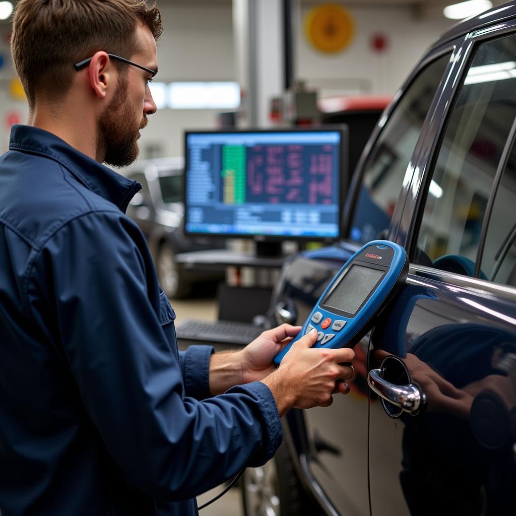 Mechanic performing a car diagnostic scan in a Duluth auto repair shop