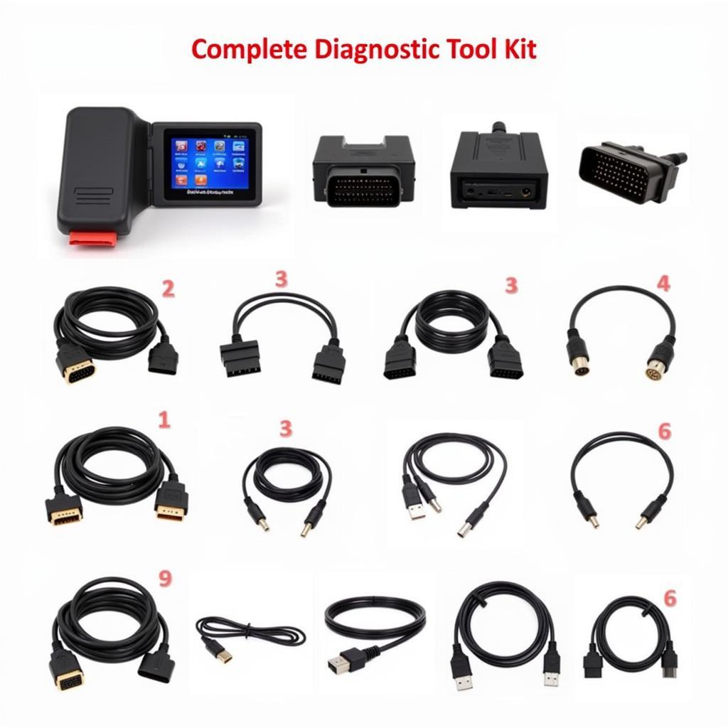 Comprehensive car diagnostic tool kit with various adapters and cables.