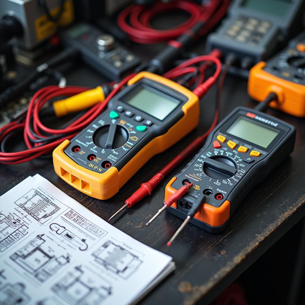 Assortment of car diagnostic tools used for electric repair laid out on a workbench.