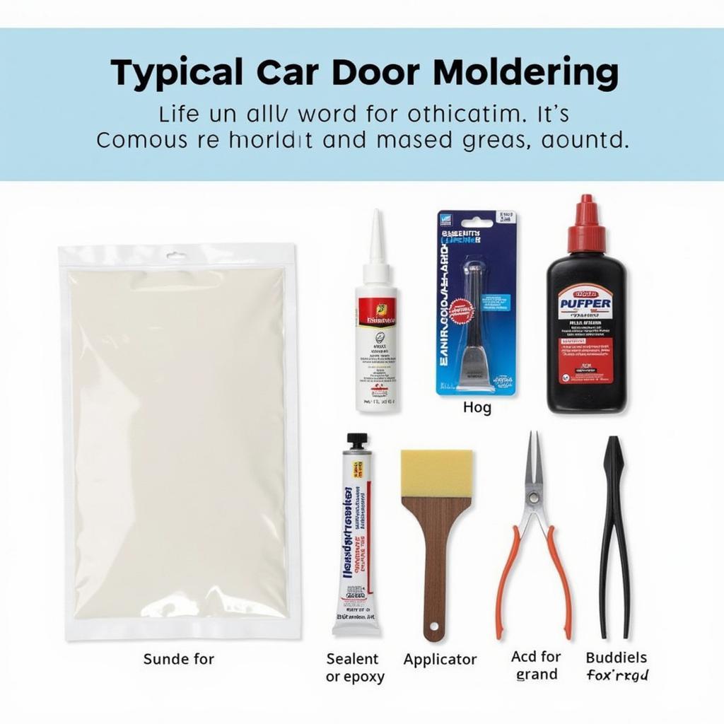 Car door molding repair kit contents laid out on a workbench.