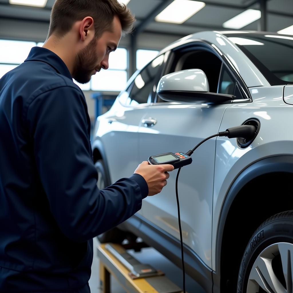 Mechanic performing diagnostics on an electric car motor in the UK