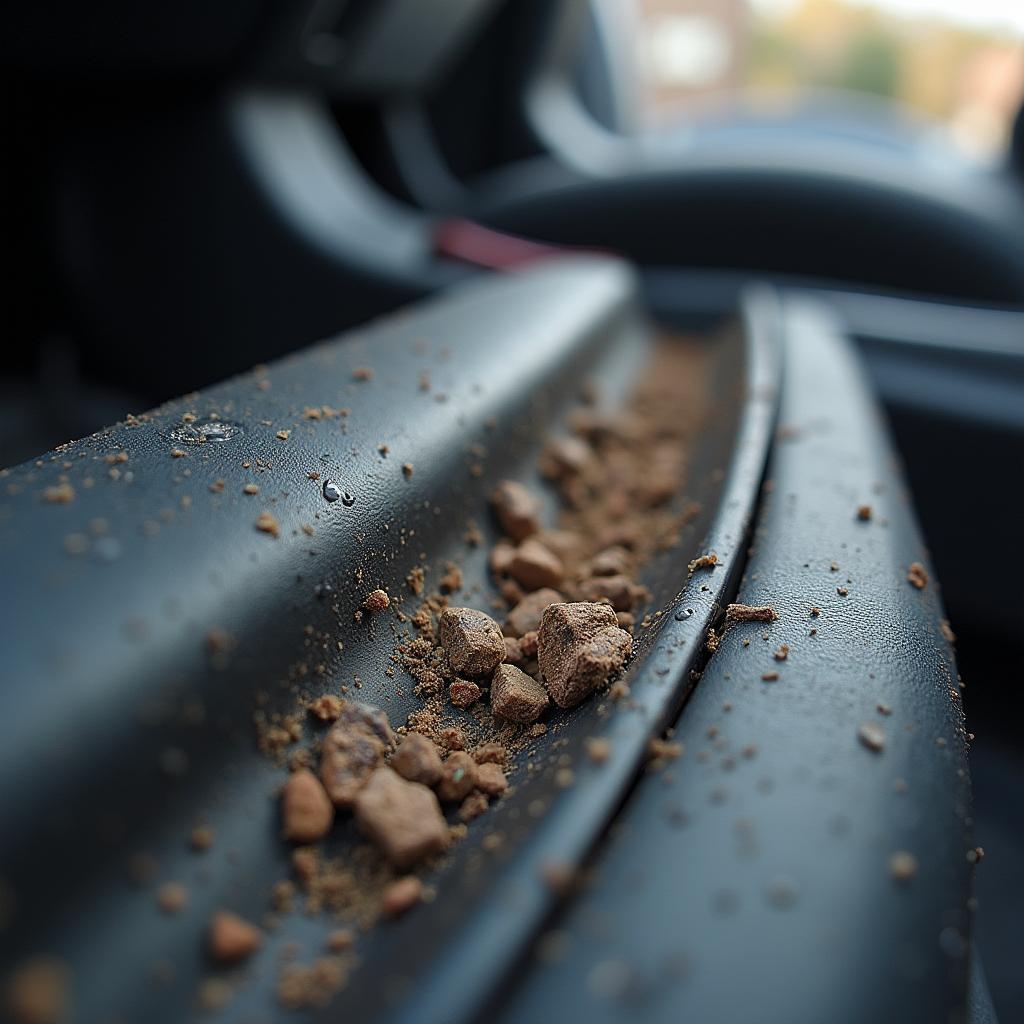 Close-up view of a car seat track with accumulated dirt and debris