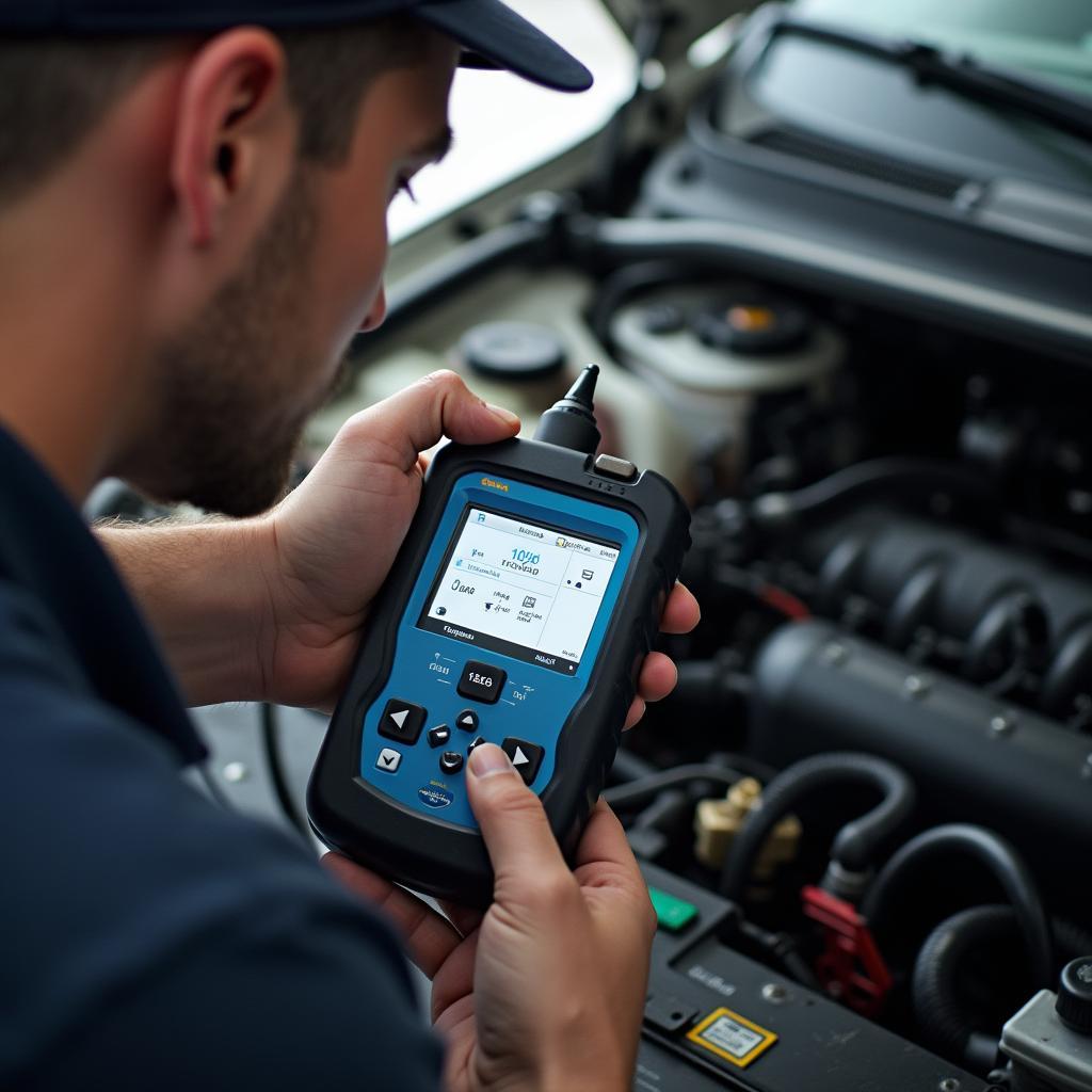 Mechanic Using a Car Electrical Diagnostic Tool