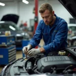 Car electrical repair shop in Exeter with a mechanic working on a car engine.