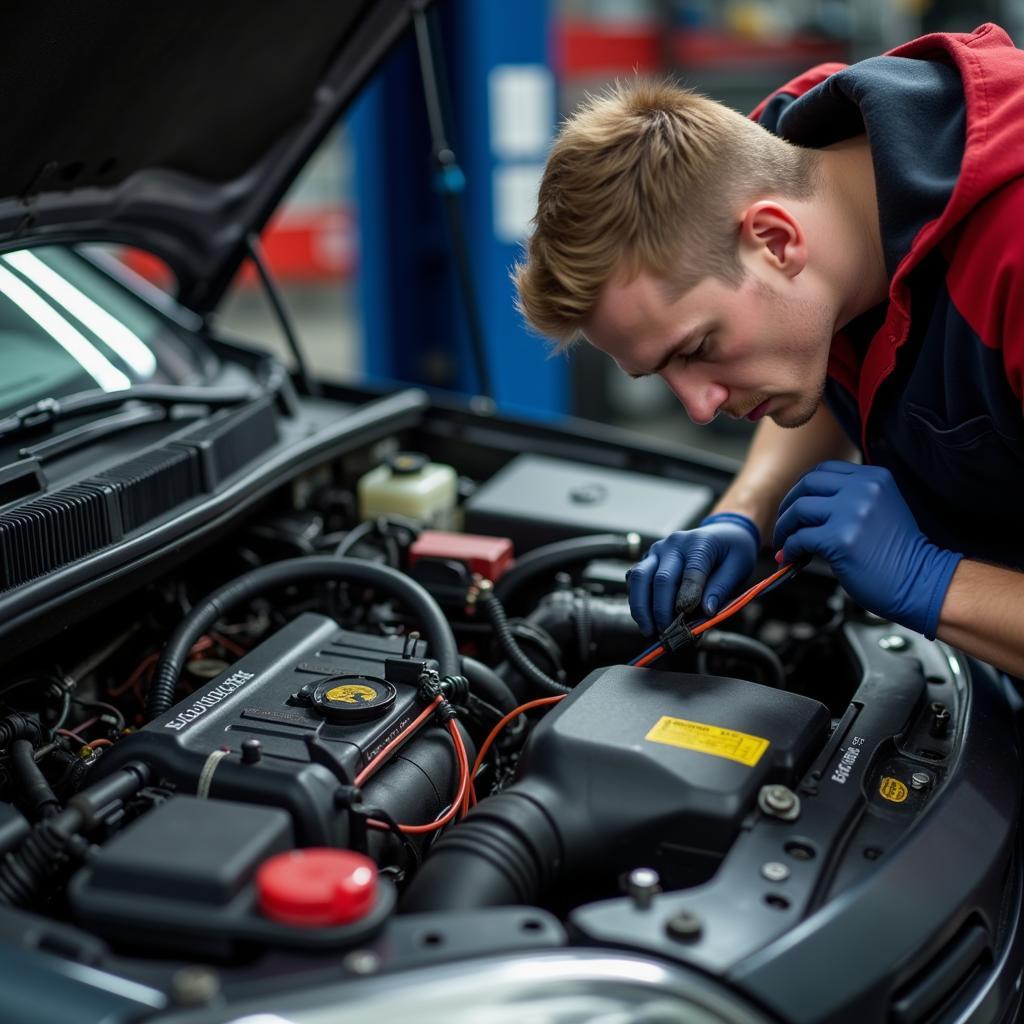 Car Electrical Repair Technician Working on Wiring in Cork