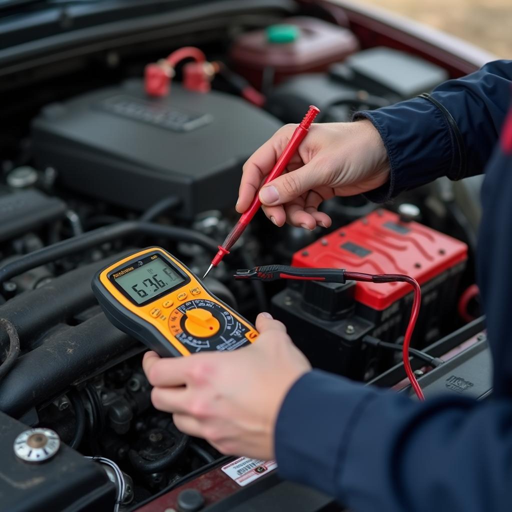 Mechanic Inspecting a Car Battery with a Multimeter