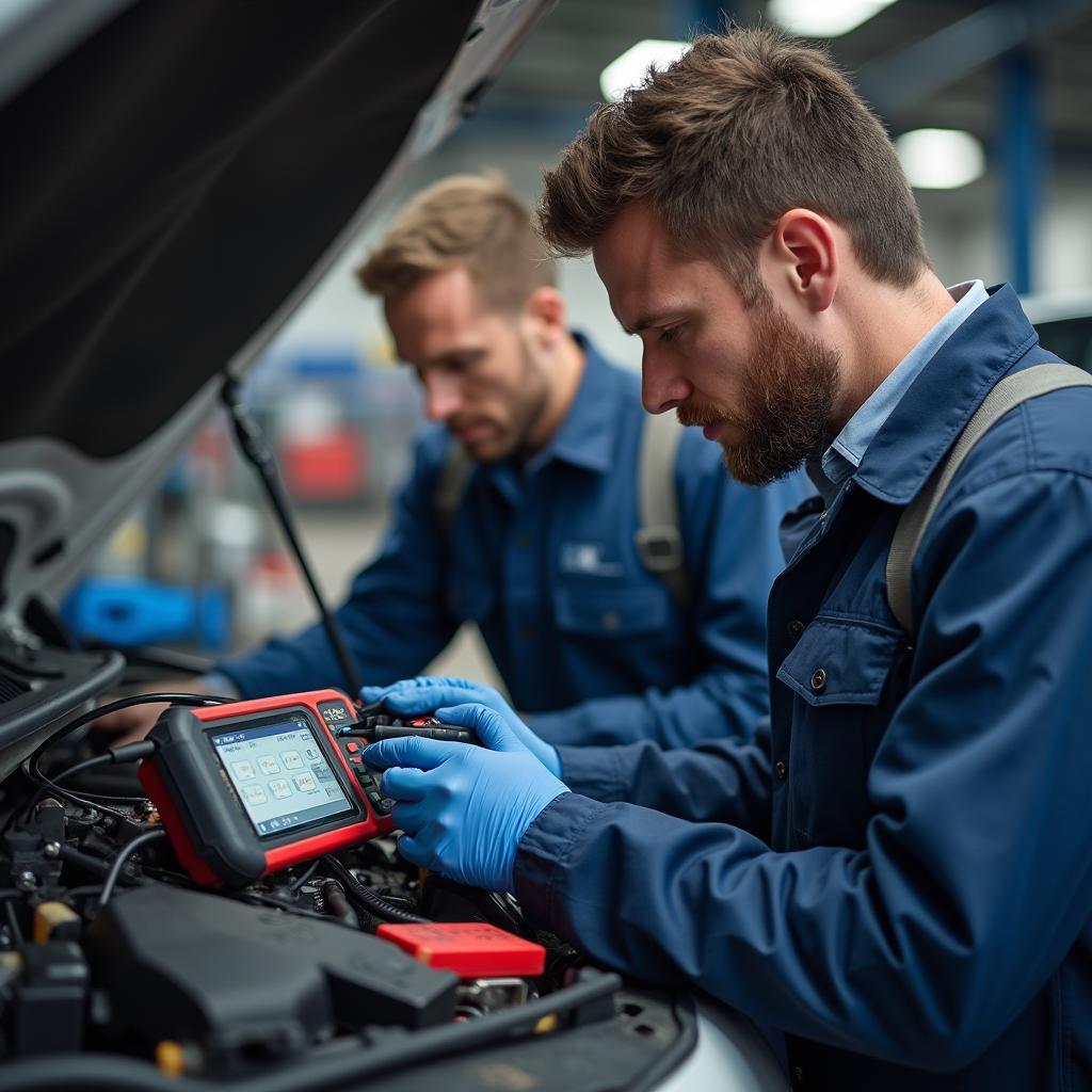 A qualified car electrician using specialized diagnostic tools to identify a faulty electrical connector.