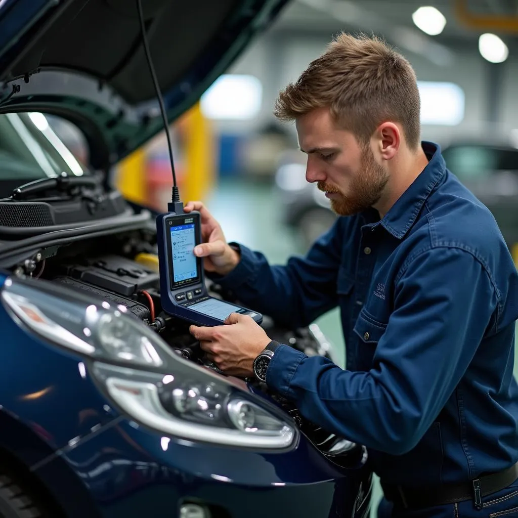 A car electrician in Exeter using a diagnostic tool to check a car's electrical system.