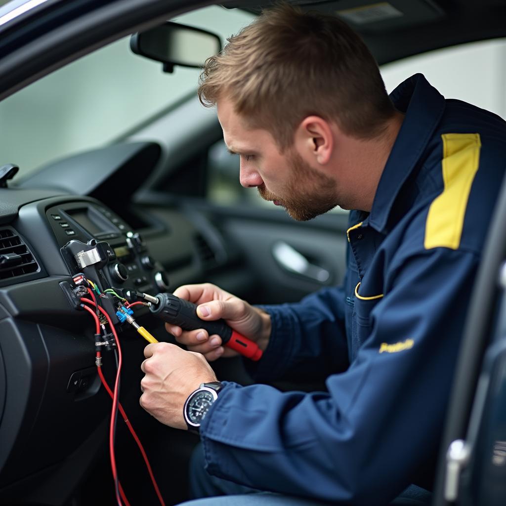 Car Electrician Inspecting Rear Window Defogger