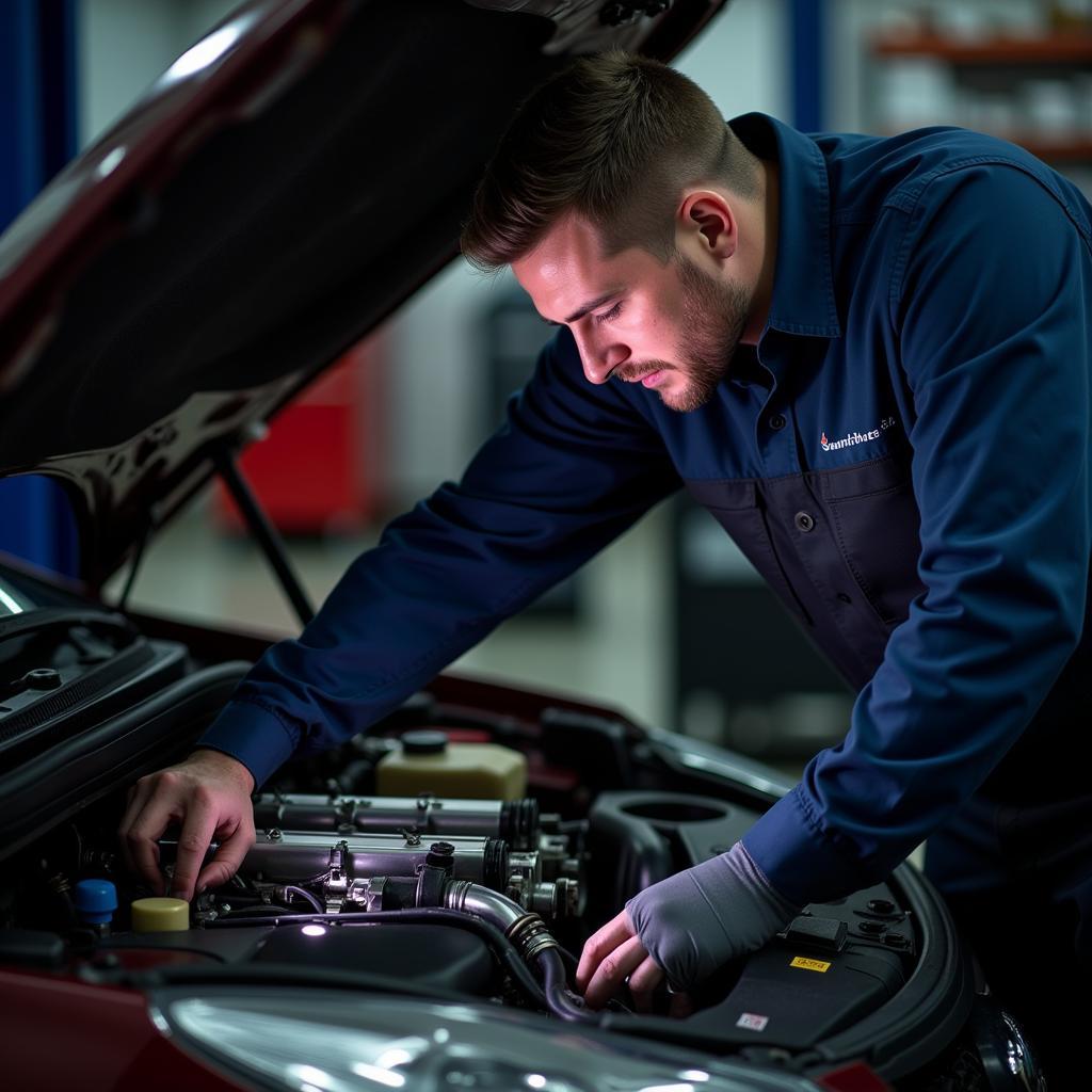 Mechanic inspecting car engine components in a Duluth garage