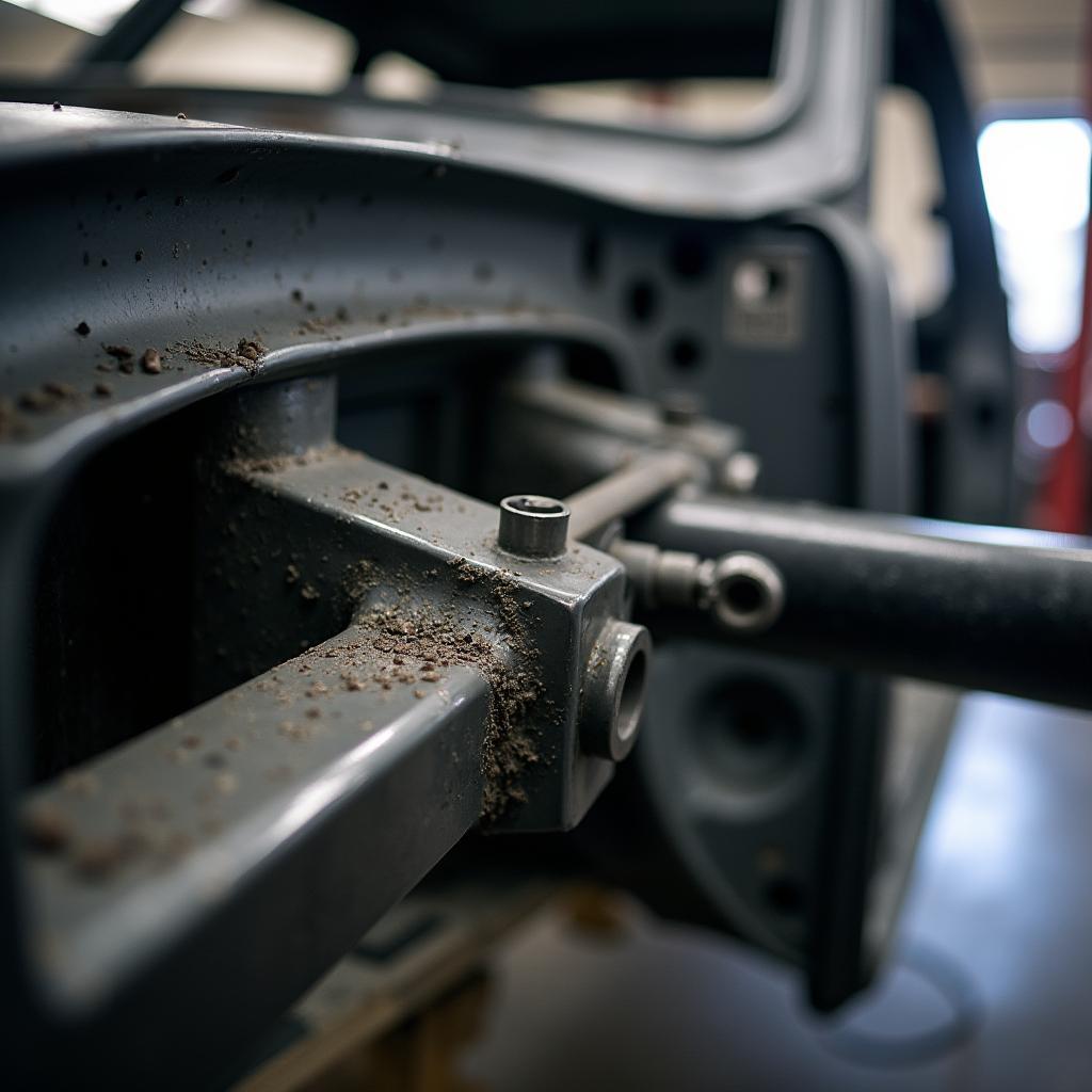 Car frame being straightened in a Bow Street shop