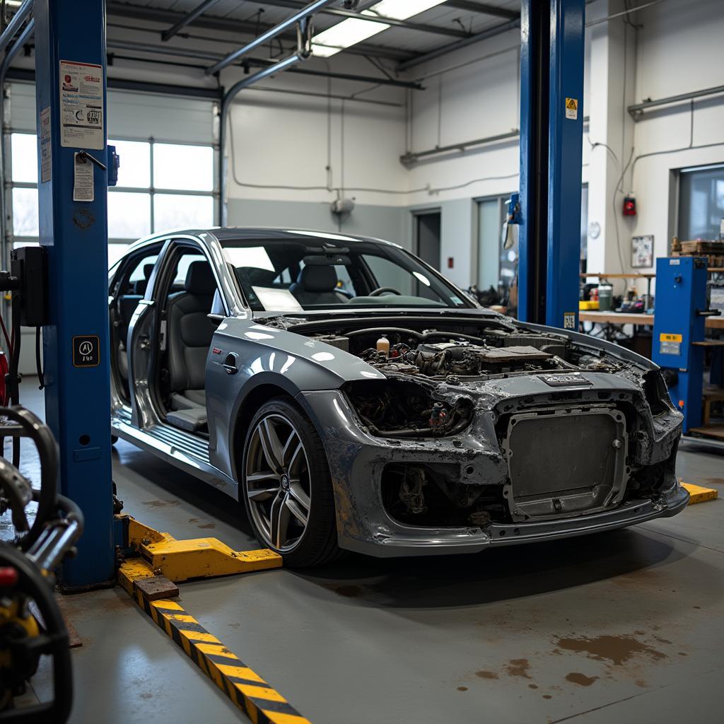 Car undergoing frame straightening in Hucknall