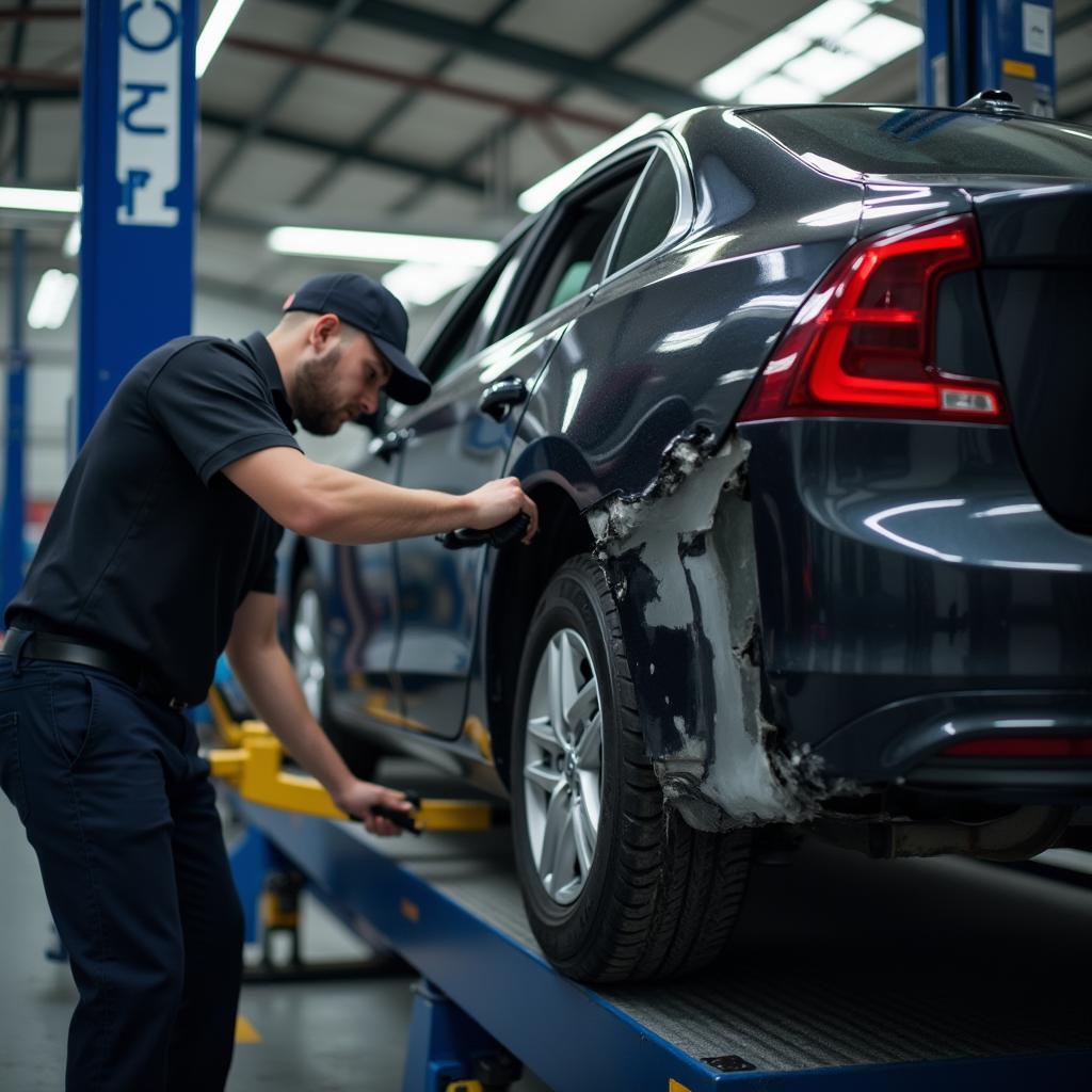 A car undergoing frame straightening on a specialized platform