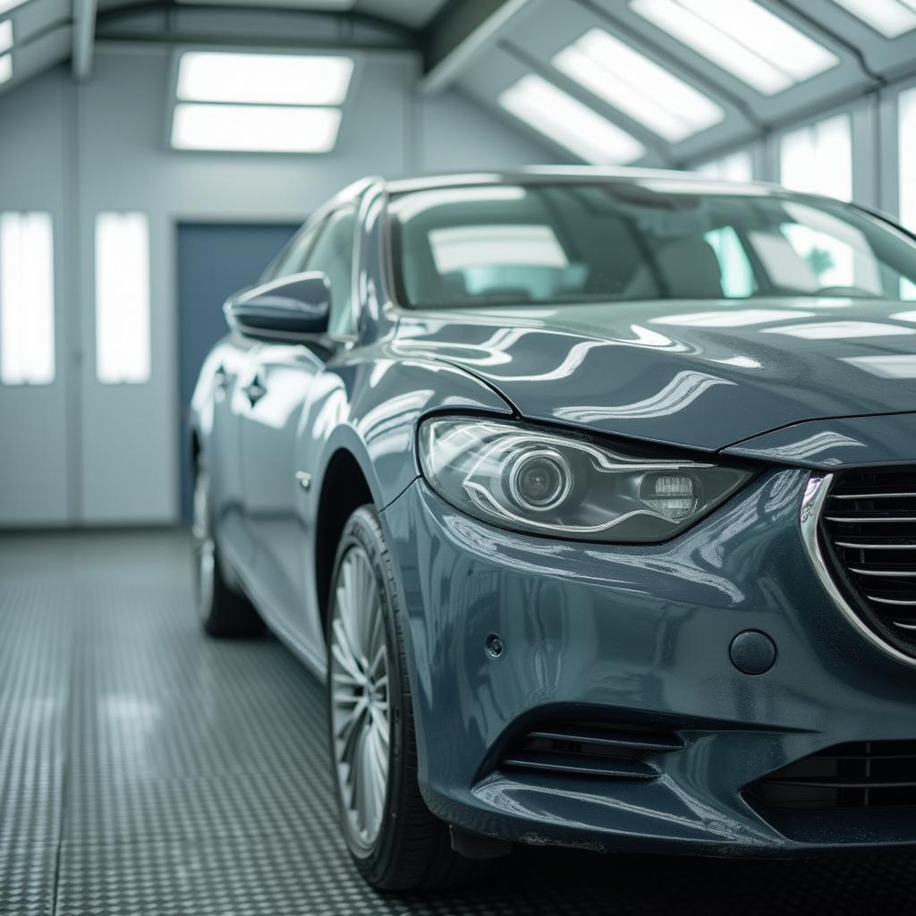 Car undergoing professional paintwork in a spray booth