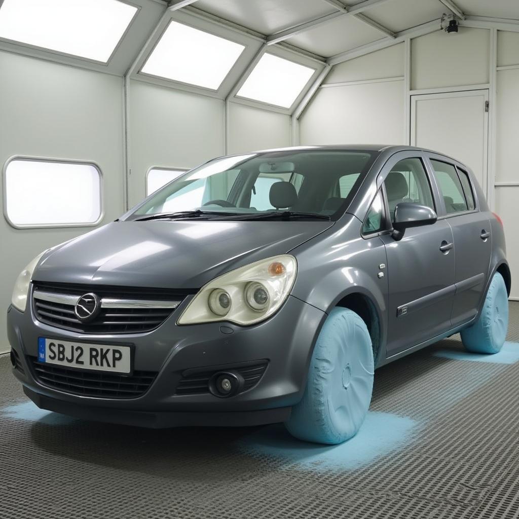 Car undergoing professional painting in a spray booth in Goudhurst