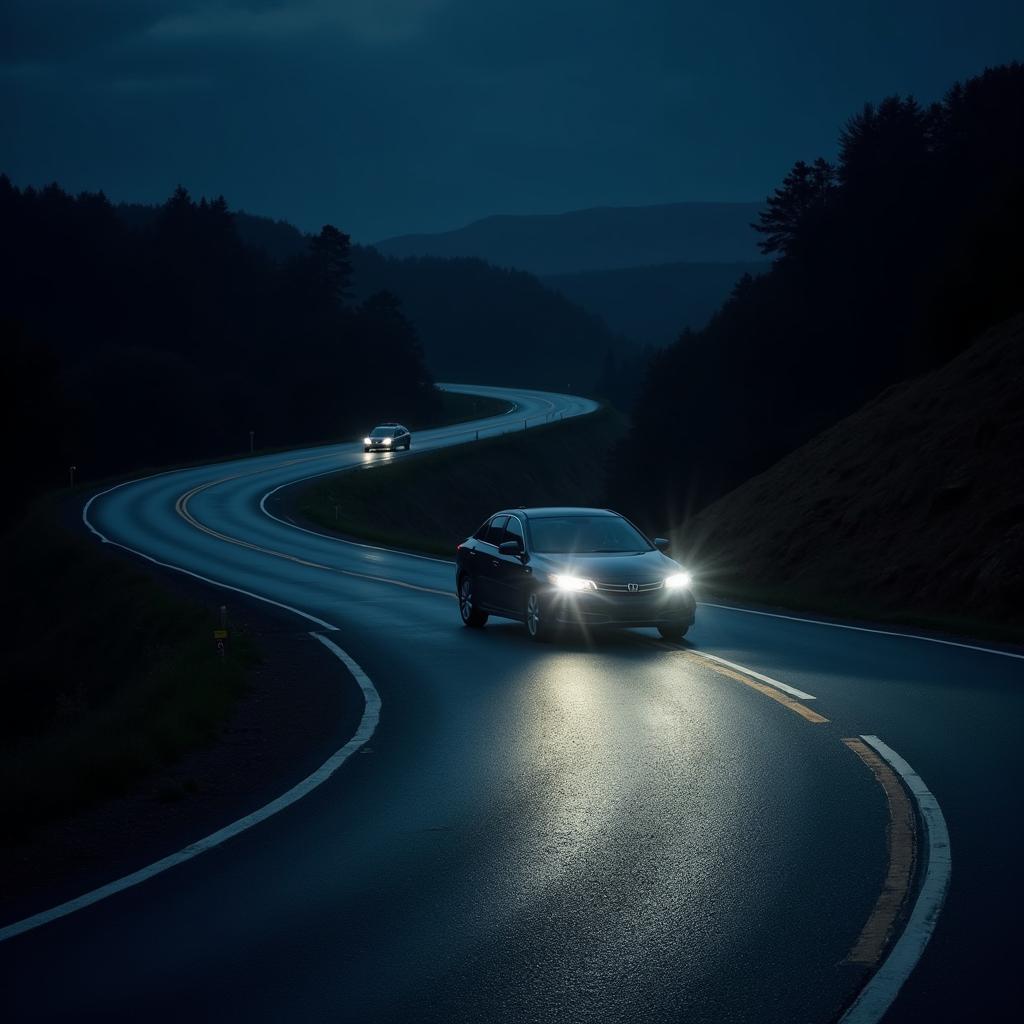 Car Headlight Illuminating a Dark Road