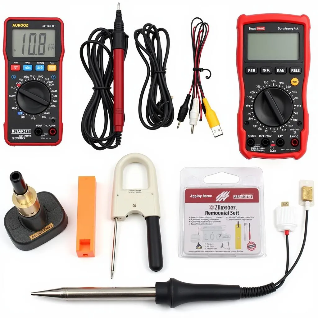 Assortment of tools and equipment required for car heated seat repair, emphasizing the complexity.