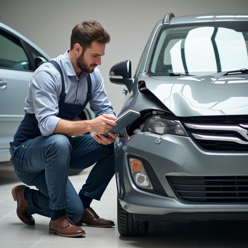 An insurance assessor inspecting a damaged car in Sheffield