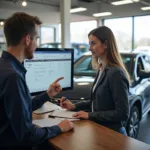 Discussing car insurance claim with a shop representative