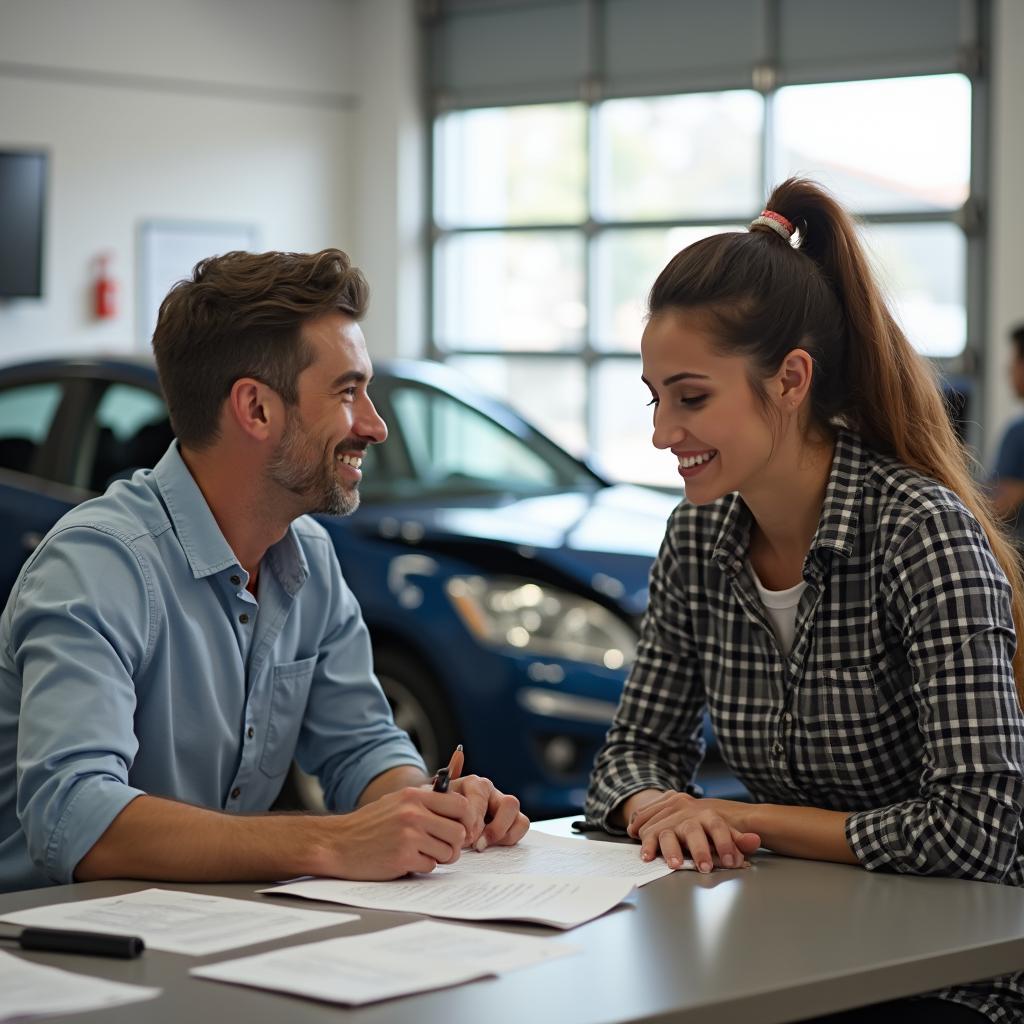 Car owner discussing insurance claim with a representative at a car body repair shop