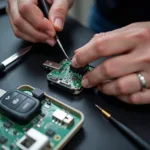 Close-up of a technician repairing a car key fob