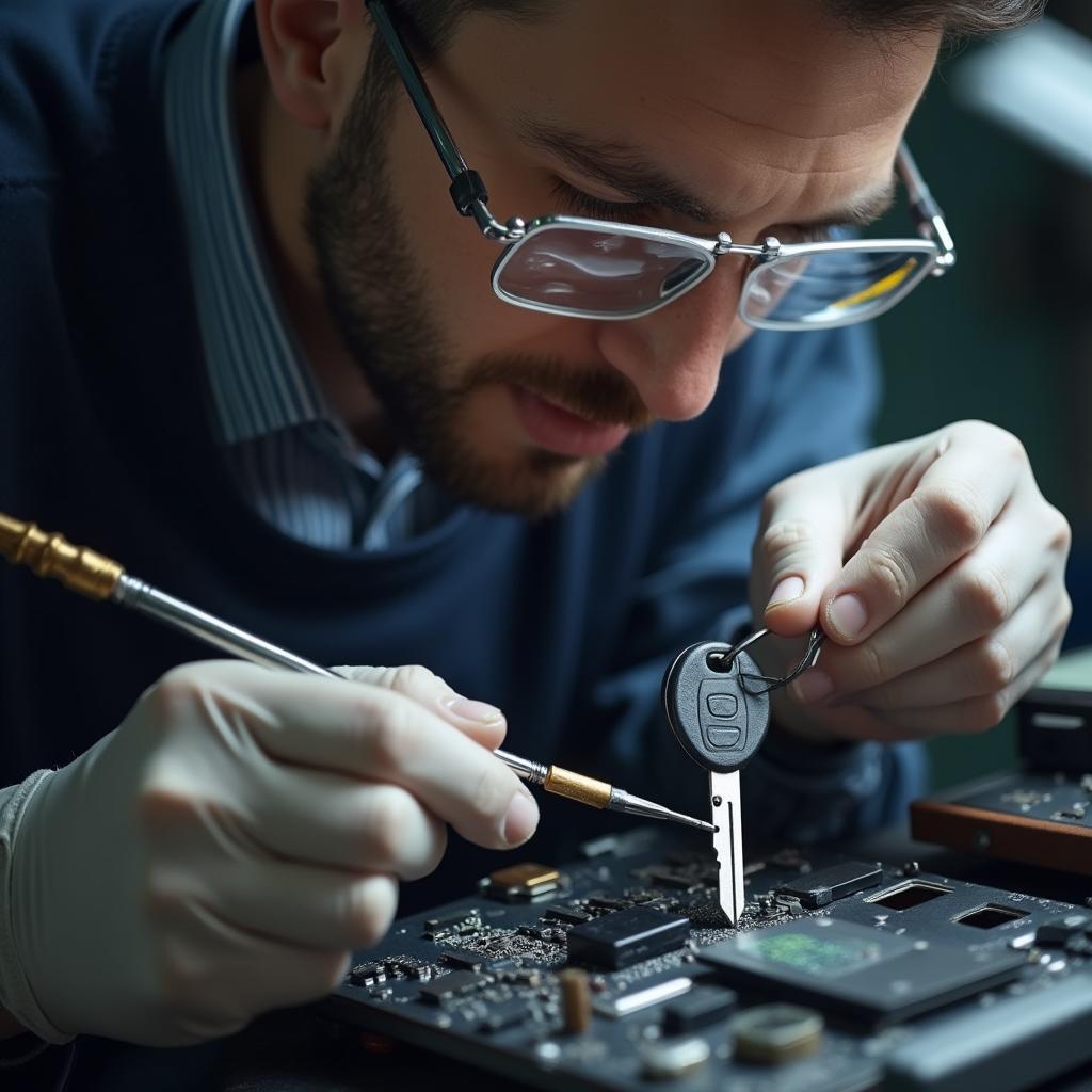  Technician repairing a car key head 