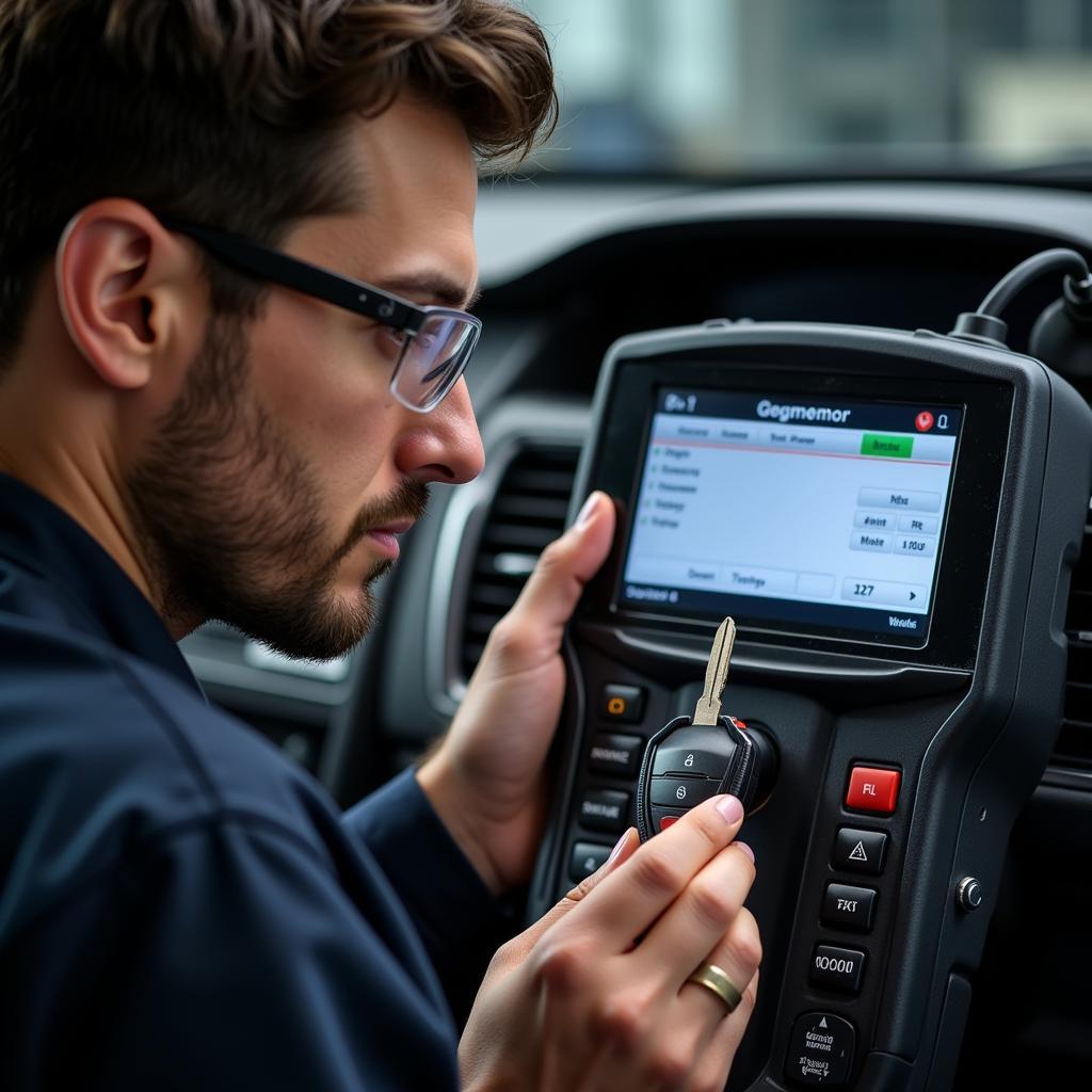 Car key repair technician programming a transponder key