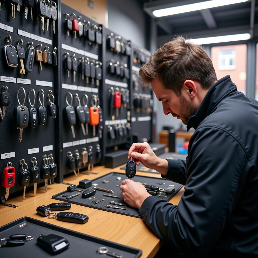 Modern car key replacement in Birmingham workshop