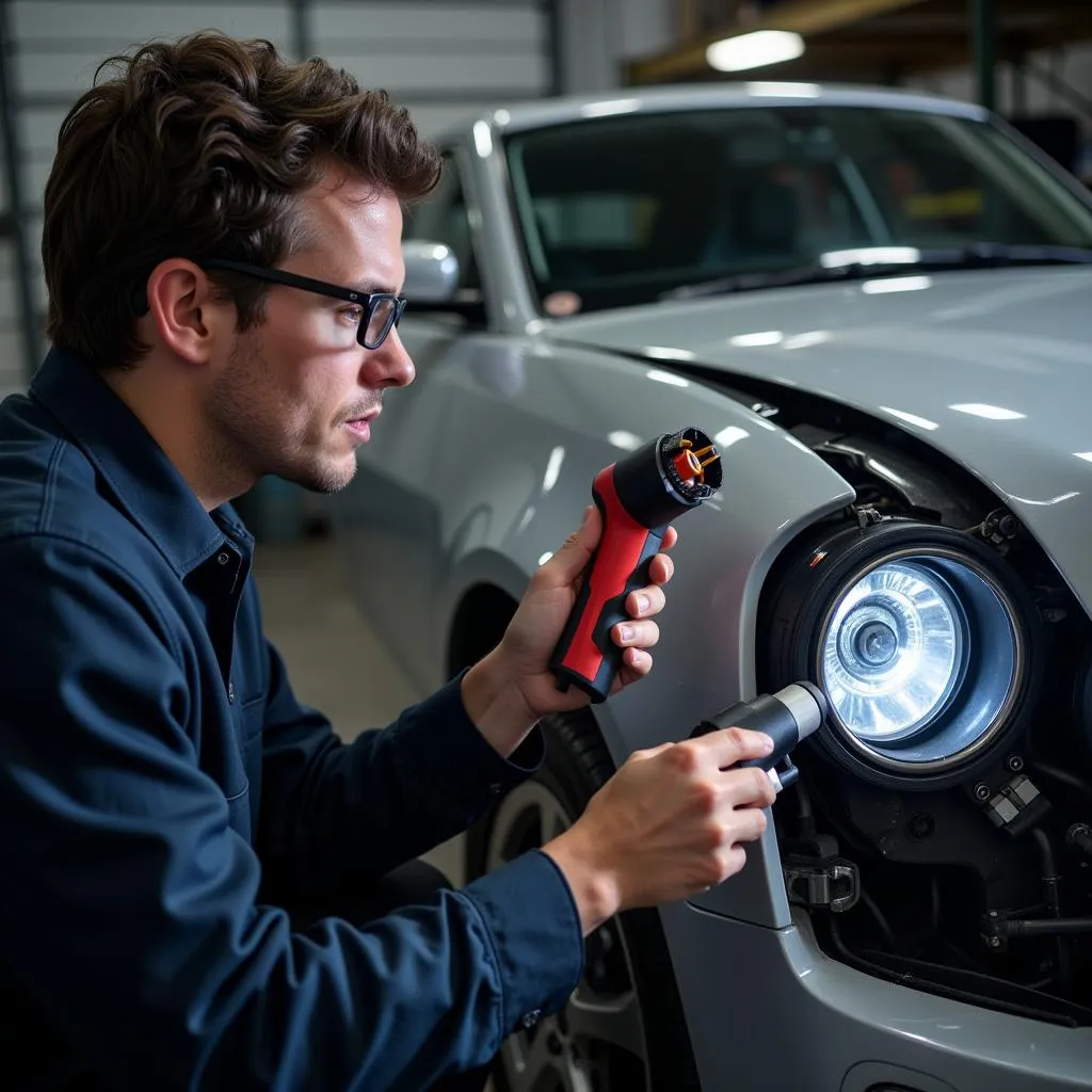 Car Light Repair Expert Diagnosing Headlight Problem