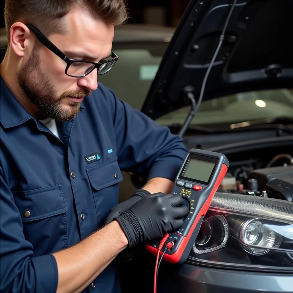 Car Mechanic Diagnosing Front Lights Using a Digital Multimeter