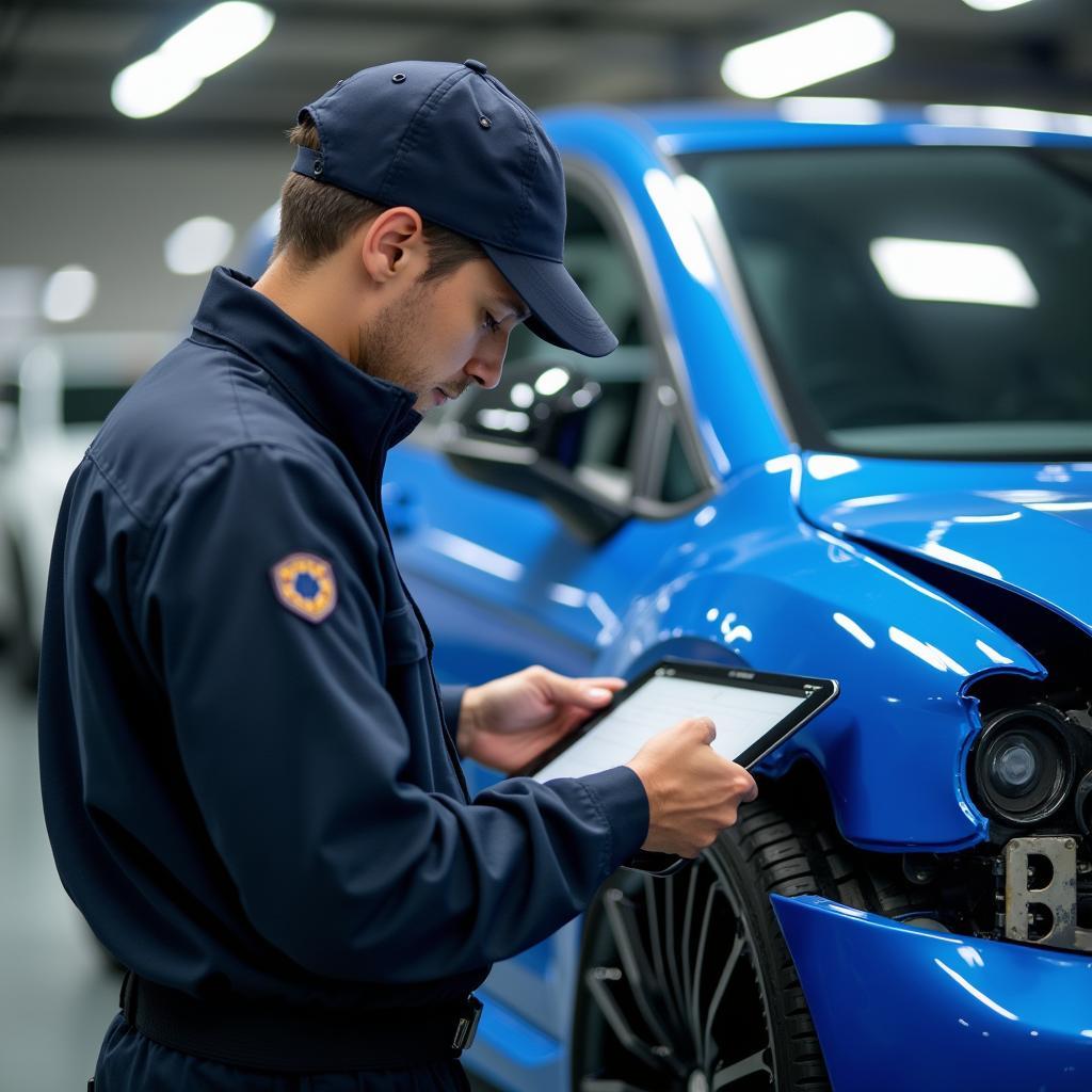 Mechanic inspecting car damage with a tablet