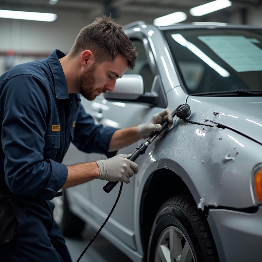 Car mechanic examining damage in Blyth