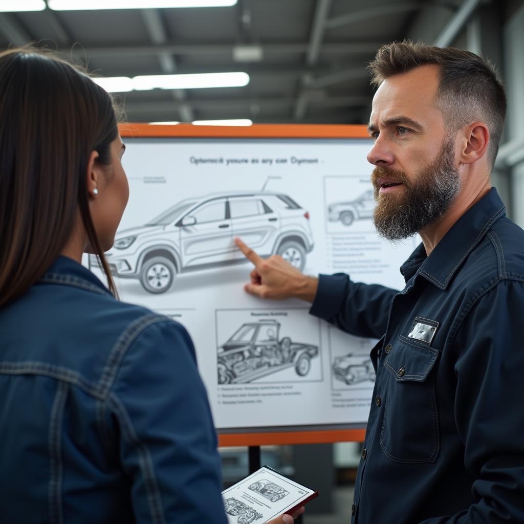 Car mechanic explaining repair options to a car owner, promoting transparency and trust