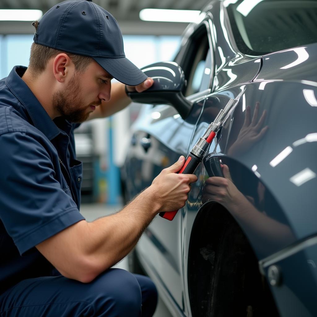 Experienced mechanic assessing car body damage